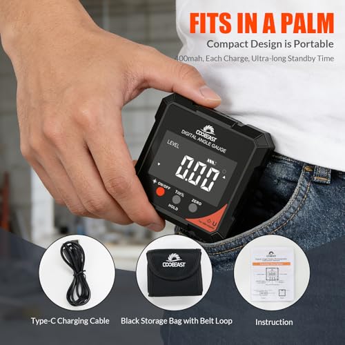 4-Side Digital Angle Finder Digital Level Magnetic Laser Gauge Rechargeable | 4-side magnetic base backlit display Compact inclinometer for woodworking table saw construction carpentry gift for men black - color: Black