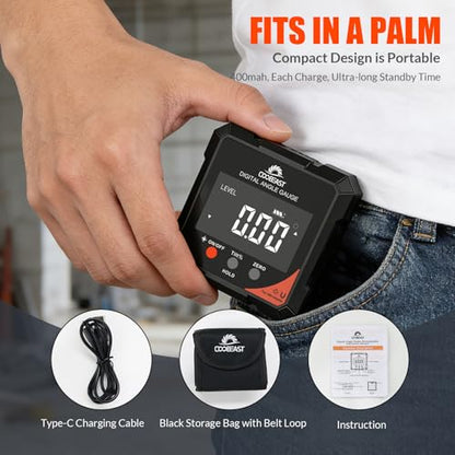4-Side Digital Angle Finder Digital Level Magnetic Laser Gauge Rechargeable | 4-side magnetic base backlit display Compact inclinometer for woodworking table saw construction carpentry gift for men black - color: Black