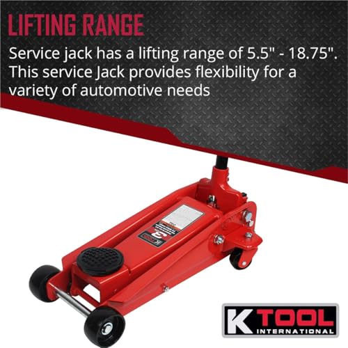 K Tool International 63131B 3 Ton Automotive Service Floor Jack for Garages, Repair Shops, and DIY, Portable, Compact, 6,000 lbs. Capacity, Hydraulic Lifting Range 5.5" - 8.75", Heavy Duty Steel, Red