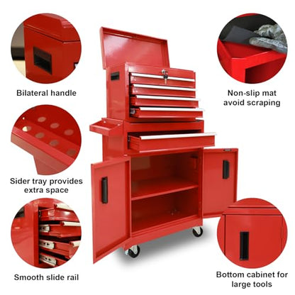 Torin 5-Drawer Rolling Tool Chest: Metal Tool Box with Wheels, Removable Top Tool Box, Liner, Adjustable Shelf and Locking Mechanism for Garage Workshop,Red - style: Metal Tool Box/Red