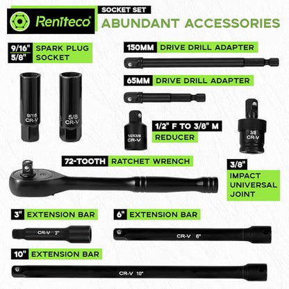 Reniteco 56-Piece 3/8" Drive Socket Set, SAE (5/16"-3/4") & Metric (8mm-22mm), Deep & Shallow, Ratchet Handle, Extension Bars, Adapter, Universal Joint, Power Drill Adapters, Spark Plug Sockets, CR-V - size: 56 PCS