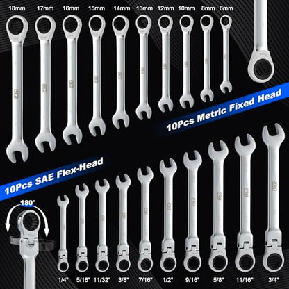 Prostormer 20-Piece Ratcheting Combination Wrench Set | 10Pcs SAE Flex-Head 1/4" to 3/4" & 10Pcs Metric Fixed Head 6-18mm, 72-Tooth, Cr-V Steel, Organizer Pouch - style: 20-Piece Metric & SAE