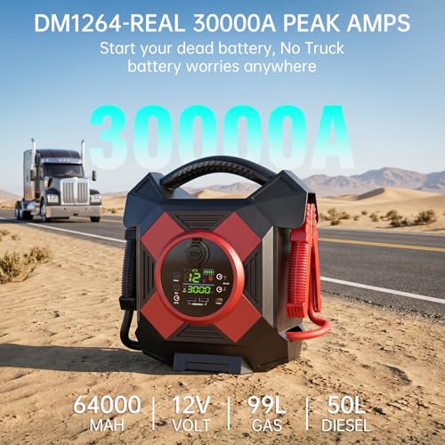 DM1264 Heavy Duty Jump Starter, 30000A Peak 12V Lithium Booster Pack for Semi Trucks, Start All for 50L Diesel and Gasoline Engines,-40°F Cold Starter, 1 Second Instant Start Dead Battery