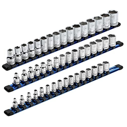 ARES 60041-3-Piece 17-Inch Blue Aluminum Socket Rail Set - 1/4-Inch, 3/8-Inch, and 1/2-Inch Drive Socket Organizers Hold 48 Sockets - color: Blue, size: Multi-Drive