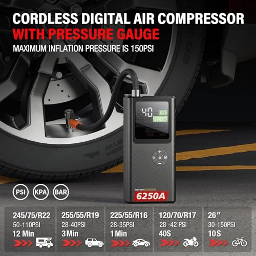 6250A Jump Starter with Air Compressor, Car Battery Jump Starter with Boost for Up to 9L Gas / 7L Diesel, 150PSI Tire Inflator with Auto Shutoff, Smart LED Screen, Portable Jump Box, 48-Month Standby