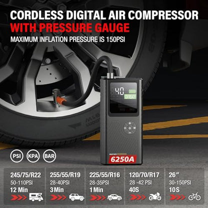 6250A Jump Starter with Air Compressor, Car Battery Jump Starter with Boost for Up to 9L Gas / 7L Diesel, 150PSI Tire Inflator with Auto Shutoff, Smart LED Screen, Portable Jump Box, 48-Month Standby