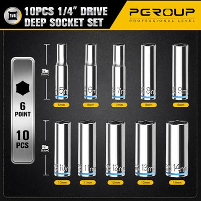 10PCS 1/4” Drive Deep Socket Set, Metric (5mm-14mm), 6-Point, Cr-V Steel, Chrome Plated Socket With Hanging Bracket, Cover Most Commonly Sizes - size: 1/4"Metric (5mm-14mm)