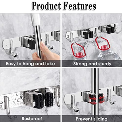 AceMining Broom Holder Wall Mount, 2 Racks 3 Hooks Heavy Duty Mop Organizer | Mop Holder Wall Mount and Broom Hanger for Garage, Laundry Room, Kitchen and Utility Storage - color: 2 Racks & 3 Hooks (Silver) - 1 Pack