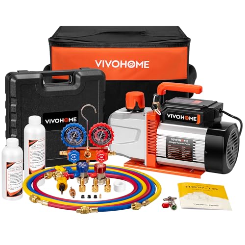VIVOHOME VG Series AC Vacuum Pump and Gauge Set, 1/2 HP 5CFM 2 Stage HVAC Vacuum Pump and 3 Way Manifold Gauge Kit with 5ft Hoses for R134a R12 R22 R502 R410a Auto HVAC Systems Commercial Use - size: 5CFM