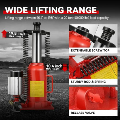 Auto Dynasty 20 Ton Air Hydraulic Bottle Jack Air-Operated Hydraulic Bottle Jack Portable Low Profile Manual All Welded Leakproof Design with Safety Valve for Car Pickup Truck RV Auto Repair w/Handle