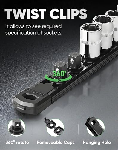 ALOANES Magnetic Socket Organizer Set, 3-Piece Heavy Duty Aluminum Socket Rails, 360° Swivel Clips Socket Rail Kit for Tool Tray Drawer Fit 1/2, 3/8, 1/4-Inch x 40 Clips (Black, 3PC)
