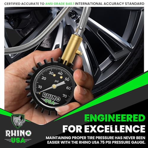 Rhino USA Heavy Duty Tire Pressure Gauge - ANSI Certified Glow Dial | ANSI B40.1 certified accurate, large 2in glow dial, 360° swivel head, solid brass hardware for car & truck tires. - size: 75 PSI Compact
