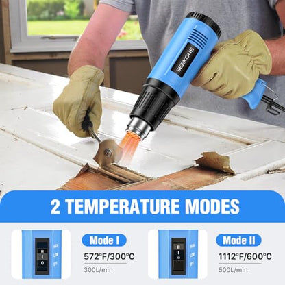 SEEKONE Heat Gun, 1800W Heavy Duty Hot Air Gun Kit Dual-temperature Setting 572℉&1112℉, Hot Heat Gun with Overheat Protection, 4 Nozzles Included, for Shrinking PVC, Stripping Paint, Crafts (5.2ft)