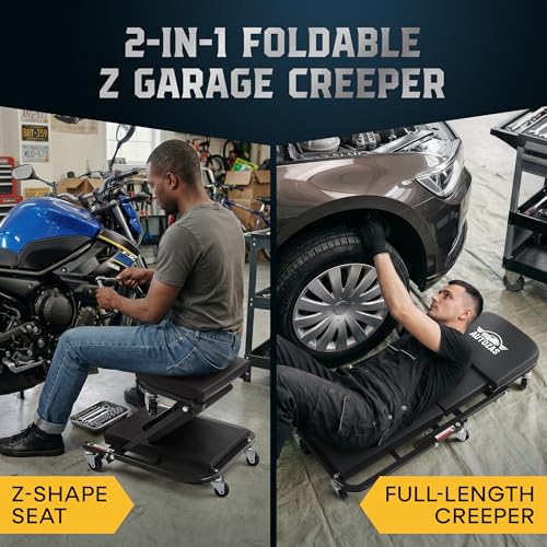 Creepers Automotive Mechanic Creeper Seat & Under Car Roller, 300lb Heavy Duty Foldable Garage Creeper with 360° Swivel Wheels, Magnetic Wristband, Low Profile Black Car Creeper for Mechanics - color: Black