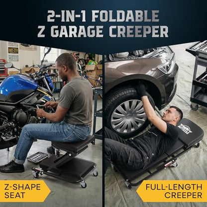 Creepers Automotive Mechanic Creeper Seat & Under Car Roller, 300lb Heavy Duty Foldable Garage Creeper with 360° Swivel Wheels, Magnetic Wristband, Low Profile Black Car Creeper for Mechanics - color: Black