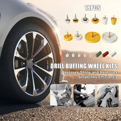 Polishing Wheel for Drill Kits, 10pcs Buffing Wheels, 5pcs Felt Wheels and 3pcs Compound, Different Size and Density Polisher Wheels for Metal, Jewelry, Car, Aluminum, DIY Buffing & Finishing - size: 18PCS