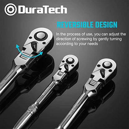 DURATECH 3-Piece Flex-Head Ratchet Set, 1/4", 3/8", 1/2" Drive | 72-Tooth, Quick-Release Reversible Design, Chrome Alloy Made, Fully Polished, Organized in Storage Case - size: 1/4", 3/8", 1/2" Drive