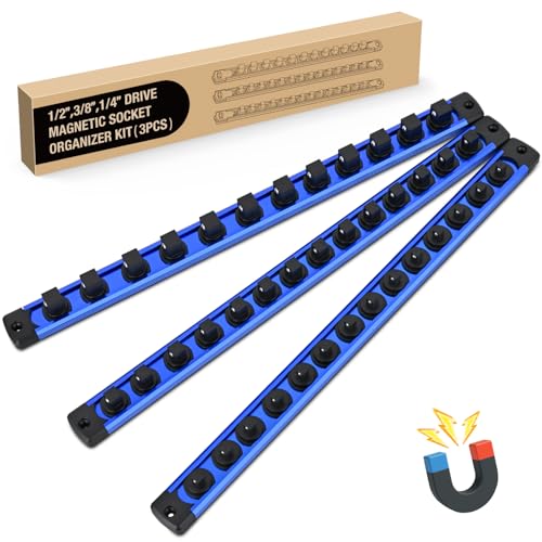 GOOACC Magnetic Socket Organizer 1/4" 3/8" 1/2" Socket Holder Set Heavy Duty Aluminum Socket Rail Organizers for Tool Box Drawer, 3 Pieces Magnetic Socket Rails Hold Up 40 Drive Socket Clips, Blue - size: Rail Magnetic 3PC 1/4"3/8"1/2" Blue