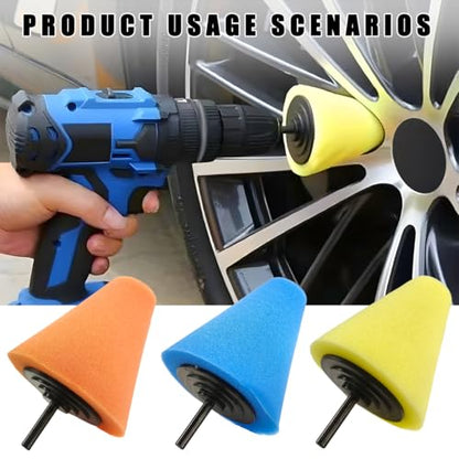 Wevdn 6 PCS Car Wheel Hub Drill Buffing Sponge Pads, Sponge Polishing Cone and Ball Pads Kit, Polishers Pads for Vehicle Wheel Hub Cleaning Care Waxing, Universal Car Accessories