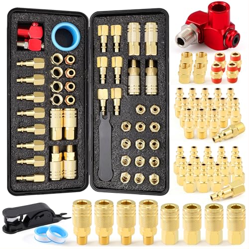 48Pcs 1/4" Quick Connect Air Hose Fittings, 1/4" NPT Air Compressor Fittings Kit with Swivel, Brass-Plated Pneumatic Tool Couplers and Plugs Set for Pneumatic Tools - size: 48 Pieces