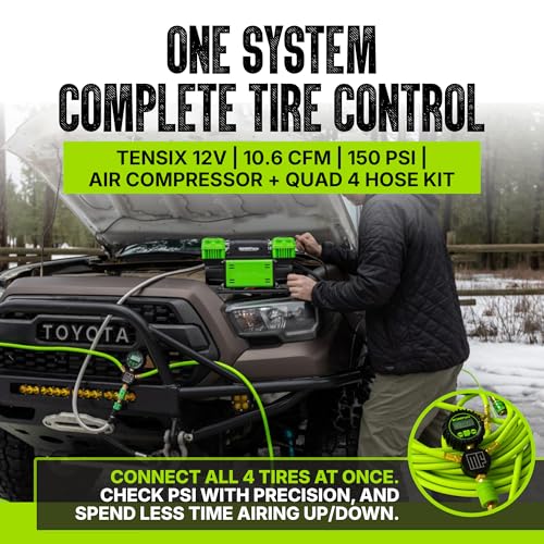 TenSix 12V 150 PSI Portable Dual Cylinder Air Compressor 10.6 CFM + Quad 4 Tire Inflation & Deflation Hose Kit - Fits Up to 125" Wheelbase Digital Gauge - Complete Offroad Air Up & Down System - size: 10.6 CFM Compressor with 125 Inch Hose Kit