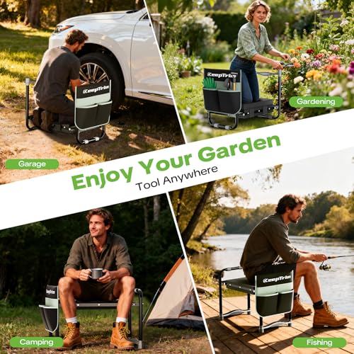 Garden Kneeler and Seat, Foldable Ergonomic Kneeling Bench with Tool Pouch 400 Lbs (Black)