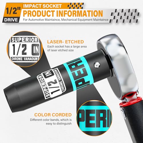 1/2" Drive Impact Socket, 1/2 inch Deep Socket, SAE, 6 Point, CR-V, for Car Repair, Loosen the Fastening Nut - size: 1/2" Drive 1/2 Inch Deep