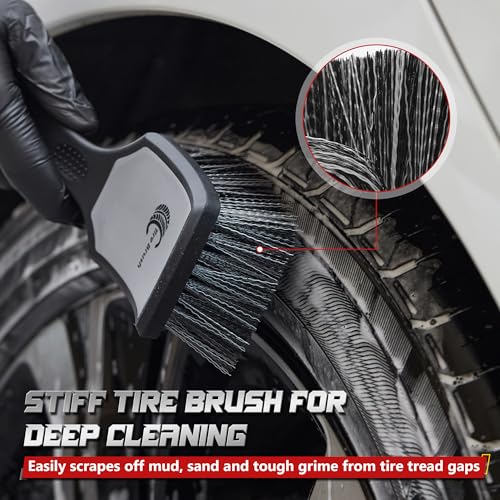 BMLEI Wheel & Tire Brush Set, 2 Pack Car Wheel Brush & Tire Cleaner Brushes | Soft Bristle Rim Brush, Stiff Tire Scrub Brush, Scratch-Free, Wheel Cleaning Kit for Car Detailing, Trucks, SUVs - color: Gray&black