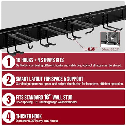 99" Garage Tool Organizer Wall Mount, 28 Pack Heavy Duty Wall Mount Garage Storage Rack Carries1000 lbs, Metal Wall Mount Tool Hanger for Shovels, Rakes, Fits 16" Wall Studs (6 Panels) - size: 99" | 6 Panels+18 Hooks+4 Straps