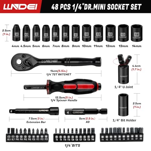 LLNDEI 48 Piece 1/4 Inch Mini Socket Ratchet Wrench Set, Metric Shallow Socket (4-14mm) 6-Point,with 72 Teeth Mini Ratcheting Wrench, Screwdriver Bit Set, Universal Joints and 3 Inch Extensions