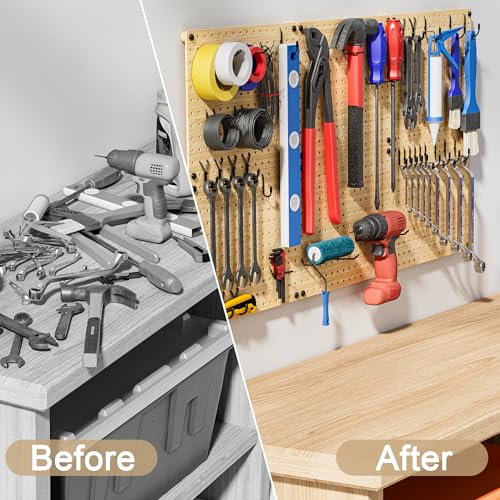 VOIMO Bamboo Pegboard Organizer Set, 6 Panels (16"x12") | 48 Hooks, Eco-Friendly Wall Mounted Storage Rack for Tools, Crafts & Office – Natural Bamboo Pegboard with Accessories - size: 16'' X 12'' (6 Panels)
