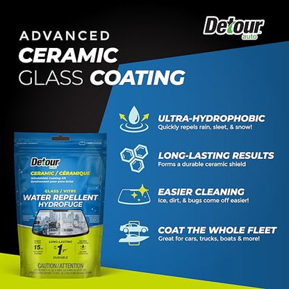 Detour Ceramic Windshield Coating Kit - Long-Lasting Water Repellent Glass Coating, Ultra-Hydrophobic Treatment for Improved Visibility, Quick and Easy Application, for Cars, Trucks, Boats and More