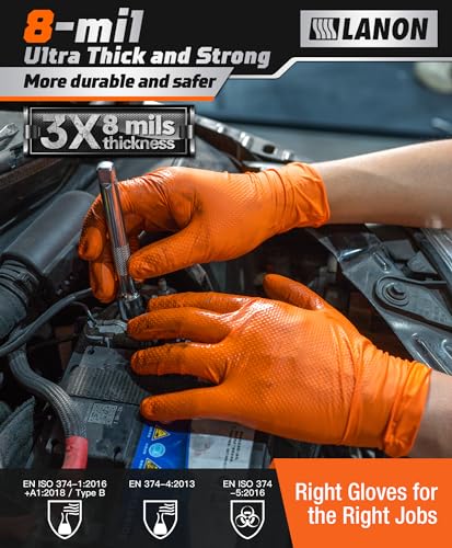 LANON 8mil Orange Disposable Nitrile Gloves, Mechanic, Heavy Duty, Food Safe, Latex Free, Powder Free, Fully-Diamond Textured, Small - size: Small (Pack of 100), style: 100 Pcs