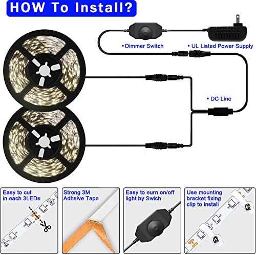40ft Daylight White Led Strip Lights, 6000K 12V Dimmable Flexible Led Tape Light, Cuttable Led Lights Strip for Bedroom Christmas, Kitchen, Cabinet, Mirror, Not Waterproof - color: Daylight White Whit Adapter
