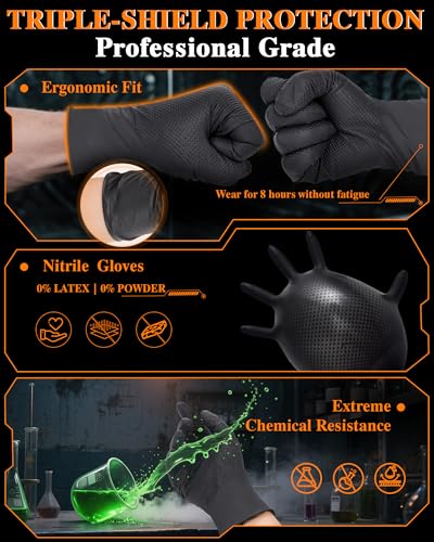 wcy 9 Mil Heavy Duty Disposable Nitrile Gloves, Black Medium, Diamond Grip | 80 Ct Disposable Latex Free Chemical Resistant Thick Rubber Gloves for Mechanic,Auto Repair,Industrial,Food Processing - color: Black-80, size: Medium