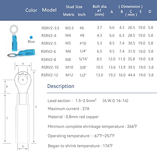 HKS 50 PCS Ring Terminals 5/16" Blue 16-14 AWG - M8 - Electrical Connectors - Heat Shrink Wire Connector Kit - Tinned Red Copper - Automotive Marine Ring Connectors - Waterproof and Insulated - size: 5/16" (M8)