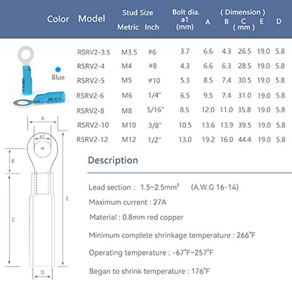 HKS 50 PCS Ring Terminals #6 Blue 16-14 AWG - M3.5 - Electrical Connectors - Heat Shrink Wire Connector Kit - Tinned Red Copper - Automotive Marine Ring Connectors - Waterproof and Insulated - size: #6 (M3.5)