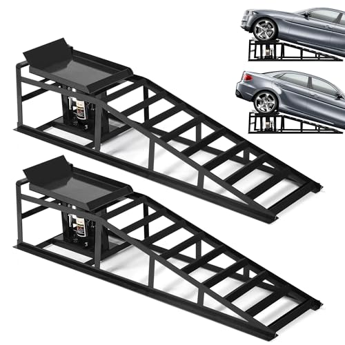 2PCS 5T 11000lbs Hydraulic Car Ramps, Heavy Duty Hydraulic Vehicle Ramps Lift Ramp, Portable Car Ramps for Oil Changes, Car Lifts for Home Garage, Vehicle Auto Garage Repair - color: Black
