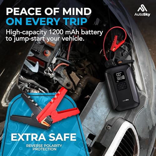 AUTOSKY 2-in-1 Jump Starter with Air Compressor – Starts Up to 6.0L Gas and 3.0L Diesel Engines – Portable Tire Inflator, LED Flashlight & Power Bank – Emergency Car Tool for SUV, Truck, Motorcycle