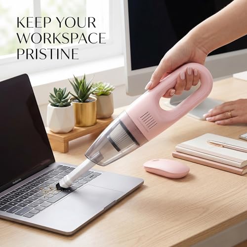 Pink Cordless Portable Car Vacuum Cleaner, High Power Handheld Vacuum | Rechargeable Lightweight Desk Duster Detailing Kit for Auto Interior & Kitchen, Aesthetic Car Accessories for Women