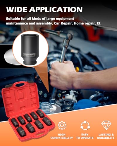 DAYUAN 9 Pcs Axle Nut Hub Impact 1/2" Drive Deep Impact Socket Set | 29 30 31 32 33 34 35 36 38mm, 6-Point Design，Locking Hole，For Axle Nut Removal，Fits Most Vehicles, Storage Case, Cr40 Steel