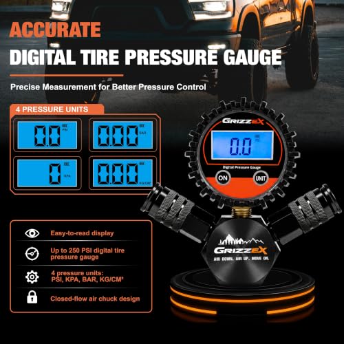 4 Tire Inflation & Deflation System, Air Up Down Kit with Digital Tire Pressure Gauge, Self-Locking Quick Coupler, TPU Braided Air Hoses, 7 Adapters for Trucks SUVs Jeeps 4x4