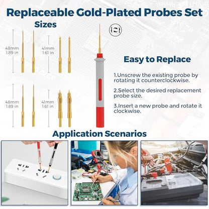 2 Wire 30 ft Retractable Test Leads with 4 mm Banana Plugs and Multimeter Test Leads Kit, Gold-Plated Test Probes, Alligator Clips, Test Hook Clips, Wire Piercing Back Probes and Spade Connectors