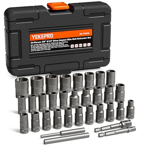 33Pcs Bolt Extractor Kit, 3/8" & 1/4'' Drive Slim Type | Bolt Remover Set for Removing Damaged, Frozen, Rusted, Rounded-Off Bolts, Nuts & Screws, Cr-Mo Steel, with Storage Case - size: 3/8''&1/4'', 33pcs