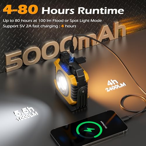 Samyoung 2-Pack 2400LM Magnetic Rechargeable LED Work Light, Up to 80 Hours | Dual-Sided, Stepless Dimming 2700K-8000K, Magnetic Flashlight with 360° Rotating Stand & Hook, Car Repair, Emergency, Yellow - color: Yellow
