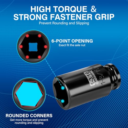 1/2" Drive x 1-3/16 Inch Deep 6PT CR-MO Impact Socket for Removing Axle nut | SAE Socket,6-Point Radius Corner Design,Two Size Markings,Square Chamfered Opening,For Removal of Axle Nut - size: 1-3/16 Inch, style: 1/2" Drive Deep Socket