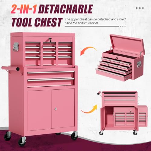 10-Drawer Rolling Tool Chest with Wheels, Rolling Tool Chest Heavy Duty, 2 in 1 Lockable Tool Box with Drawers, High-Capacity Mechanic Tool Organizer, Adjustable Shelf & Detachable Top Cabinet - color: Pink