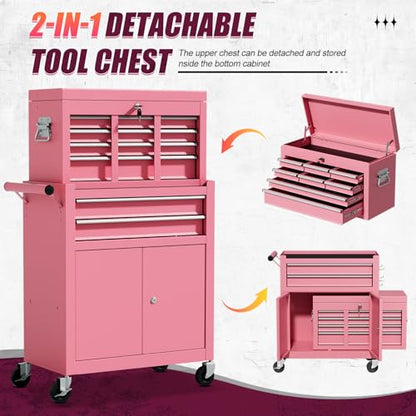 10-Drawer Rolling Tool Chest with Wheels, Rolling Tool Chest Heavy Duty, 2 in 1 Lockable Tool Box with Drawers, High-Capacity Mechanic Tool Organizer, Adjustable Shelf & Detachable Top Cabinet - color: Pink