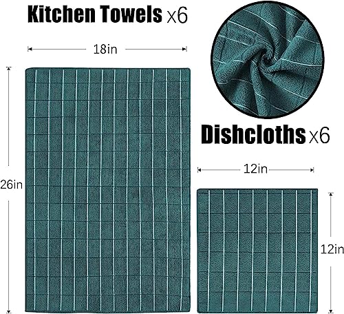 Puomue Microfiber Kitchen Towels and Dishcloths Set, 26 X 18 Inch and 12 X 12 Inch, Set of 12 Bulk Lint Free Dish Towels for Drying Dishes, Dark Green - color: Dark Green