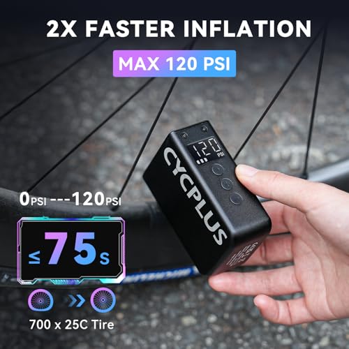CYCPLUS AS2 Pro Max Tiny Pump Mini with Gauge, Max 120 PSI Cordless Bicycle Air Pump, Auto Stop, with Presta and Schrader Valve for Car, Motorcycle, Bike and Ball